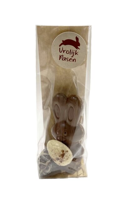 Paaspakket 1: Holle chocolade konijn met 2 gevulde praline paaseitjes